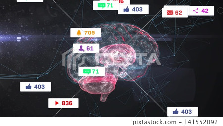 Floating hologram wireframe brain in cyberspace showing notification icons with counters and mesh Floating hologram wireframe brain in cyberspace showing notification icons with counters and mesh 141552092