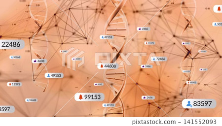 Displaying central DNA helix rotating in virtual biotech visualization, with data badges, nodes Displaying central DNA helix rotating in virtual biotech visualization, with data badges, nodes 141552093