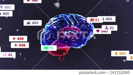 Floating 3D brain sending notification badges and counters in digital UI space, glowing nodes Floating 3D brain sending notification badges and counters in digital UI space, glowing nodes 141552095
