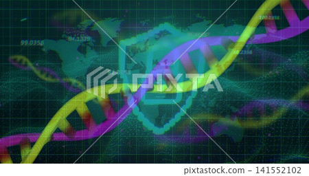 Displaying twin DNA helices twisting across digital GUI at data hub, showing pixelated shield icon Displaying twin DNA helices twisting across digital GUI at data hub, showing pixelated shield icon 141552102