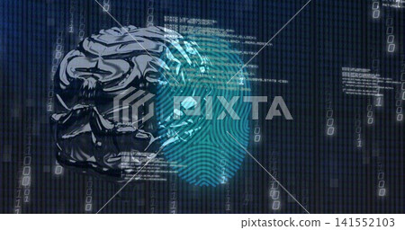 Glowing metallic brain showing cyan fingerprint hologram in cyberspace with binary code Glowing metallic brain showing cyan fingerprint hologram in cyberspace with binary code 141552103