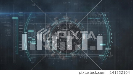 Displaying central wireframe sphere rotating on dark grid dashboard, showing HUD rings and charts Displaying central wireframe sphere rotating on dark grid dashboard, showing HUD rings and charts 141552104