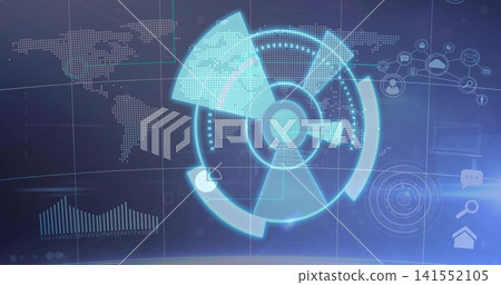 Projecting holographic circular interface rotating rings over console, showing world map and icons Projecting holographic circular interface rotating rings over console, showing world map and icons 141552105
