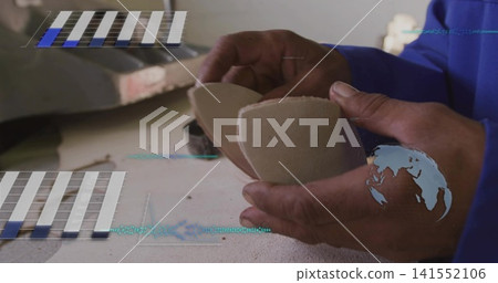 Holding mature hands aligning two ceramic halves on bench in blue shirt, scribe and screen overlays Holding mature hands aligning two ceramic halves on bench in blue shirt, scribe and screen overlays 141552106