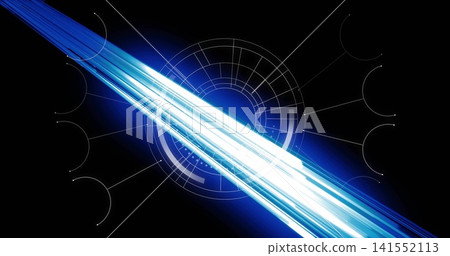 Slicing diagonal cyan-white beam crossing black background, with concentric HUD ring, arc markers 141552113