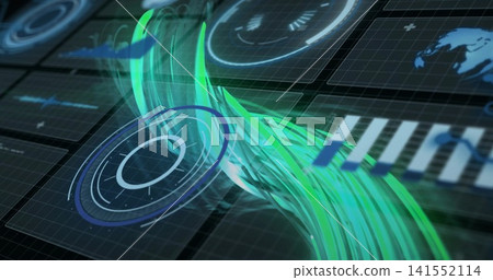 Animating green-cyan data ribbon with circular HUD ring weaving across AR dashboard, grid visible Animating green-cyan data ribbon with circular HUD ring weaving across AR dashboard, grid visible 141552114