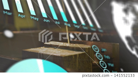 Pouring nozzle depositing molten liquid onto two metal blocks at workshop, with AR charts overlay Pouring nozzle depositing molten liquid onto two metal blocks at workshop, with AR charts overlay 141552133