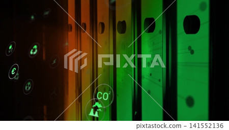 Displaying row of server rack cabinet panels glowing in data center, with CO2 and euro icons Displaying row of server rack cabinet panels glowing in data center, with CO2 and euro icons 141552136