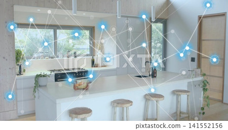 Displaying central white island with sink, black faucet and stools at home, digital overlay visible Displaying central white island with sink, black faucet and stools at home, digital overlay visible 141552156
