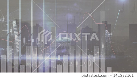 Overlaying financial data over urban skyline at dusk, with bar charts, candlesticks, trend lines Overlaying financial data over urban skyline at dusk, with bar charts, candlesticks, trend lines 141552161
