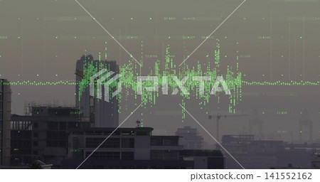 Showing neon-green waveform over hazy city skyline at dusk, with scaffolding, antennas Showing neon-green waveform over hazy city skyline at dusk, with scaffolding, antennas 141552162