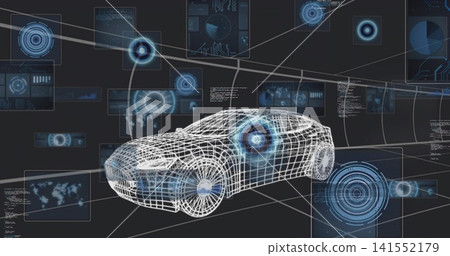 Displaying wireframe sedan model in virtual simulation space, with holographic UI panels, radar map 141552179