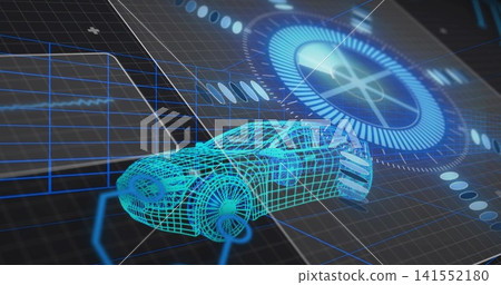 Floating cyan wireframe 3D car model hovering above blue grid, displaying HUD dial and data graphs Floating cyan wireframe 3D car model hovering above blue grid, displaying HUD dial and data graphs 141552180