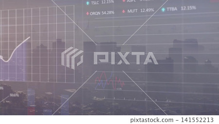 Displaying translucent market overlay over hazy city skyline, with white rising line chart, legend 141552213