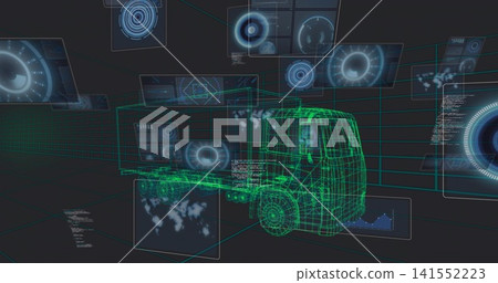 Displaying neon-green wireframe heavy truck turning in virtual simulation, with radar, code panels Displaying neon-green wireframe heavy truck turning in virtual simulation, with radar, code panels 141552223