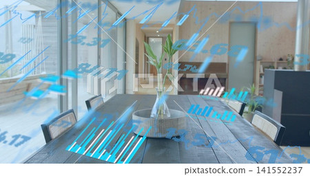 Displaying glass vase with green stems on long dark table in open-plan living, holographic overlays Displaying glass vase with green stems on long dark table in open-plan living, holographic overlays 141552237