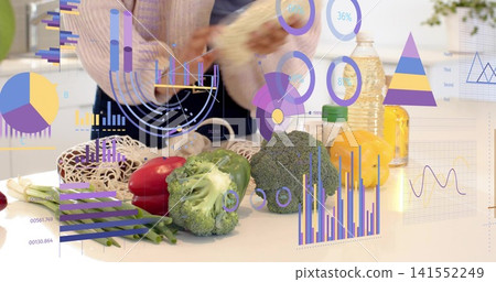 Unfolding cloth woman in knit sweater arranging broccoli, peppers on white counter with AR overlays Unfolding cloth woman in knit sweater arranging broccoli, peppers on white counter with AR overlays 141552249