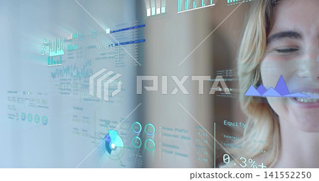 Smiling woman wearing light top near glass panel in modern office, showing AR charts, copy space Smiling woman wearing light top near glass panel in modern office, showing AR charts, copy space 141552250