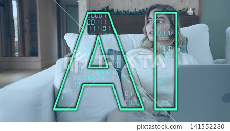 Leaning woman in light hoodie scrolling on laptop in living room, with AI graphic, copy space Leaning woman in light hoodie scrolling on laptop in living room, with AI graphic, copy space 141552280