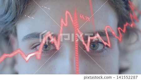 Holding steady gaze, woman's face with eyes reflecting red line chart, marker, labels in closeup Holding steady gaze, woman's face with eyes reflecting red line chart, marker, labels in closeup 141552287