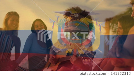 Woman playing acoustic guitar on beach at sunset, flag overlay coat of arms, sunglasses, palm tree Woman playing acoustic guitar on beach at sunset, flag overlay coat of arms, sunglasses, palm tree 141552313