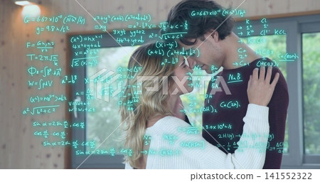 Pressing foreheads, couple in knit sweaters in wooden room, turquoise equations overlaying window Pressing foreheads, couple in knit sweaters in wooden room, turquoise equations overlaying window 141552322