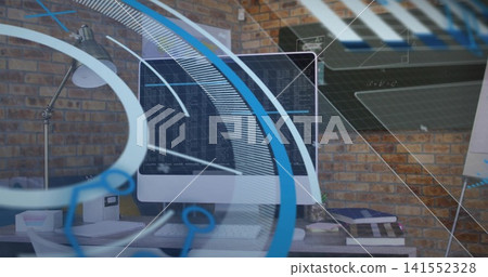 Displaying large desktop monitor showing code through glass overlays at studio with keyboard, lamp Displaying large desktop monitor showing code through glass overlays at studio with keyboard, lamp 141552328