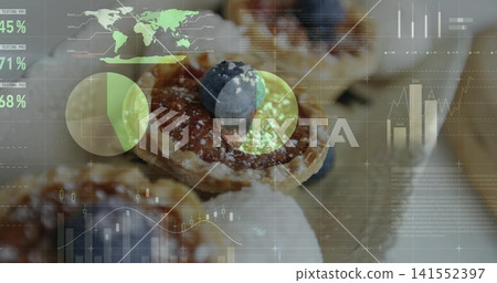Showcasing small tartlet sitting on wood board featuring blueberry sugar-dust cream and data charts Showcasing small tartlet sitting on wood board featuring blueberry sugar-dust cream and data charts 141552397
