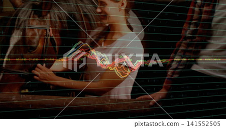 Petting woman and girl touching bridled horse at barn in white, plaid shirts, colored chart overlay Petting woman and girl touching bridled horse at barn in white, plaid shirts, colored chart overlay 141552505