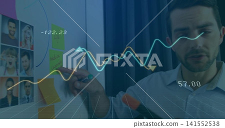 Gesturing man on right blue shirt showing data at office board pointing sticky notes ring holograms 141552538