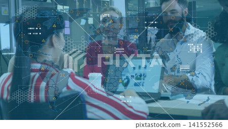 Discussing team wearing red sweater pointing at laptop charts on office table, with projected map Discussing team wearing red sweater pointing at laptop charts on office table, with projected map 141552566