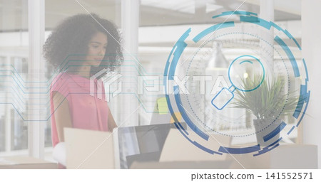 Operating laptop, woman wearing pink blouse arranging boxes at office with HUD overlay, copy space Operating laptop, woman wearing pink blouse arranging boxes at office with HUD overlay, copy space 141552571