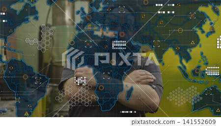 Standing mid-adult man crossing arms in factory, dark-gray short-sleeve shirt, with HUD overlay 141552609