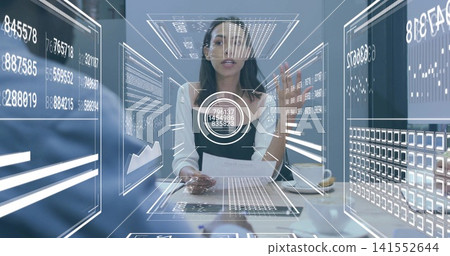 Presenting woman wearing white blouse gesturing at AR panels in office, with report and coffee Presenting woman wearing white blouse gesturing at AR panels in office, with report and coffee 141552644