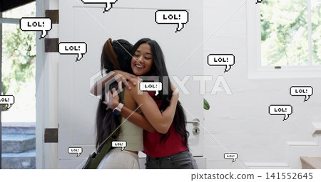 Hugging two women wearing red top, green tank in entryway, with backpack strap and LOL stickers Hugging two women wearing red top, green tank in entryway, with backpack strap and LOL stickers 141552645