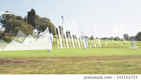 Standing three cricketers wearing white uniforms fielding on cricket pitch, data overlays Standing three cricketers wearing white uniforms fielding on cricket pitch, data overlays 141552725