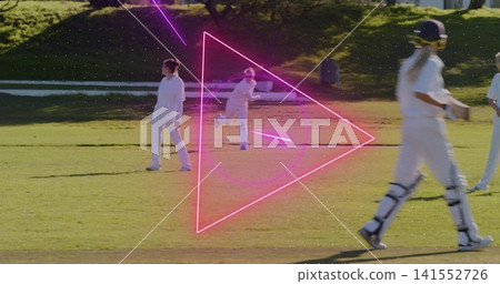 Glowing magenta play icon over cricket pitch, bowler in white kit running, batter wearing helmet Glowing magenta play icon over cricket pitch, bowler in white kit running, batter wearing helmet 141552726