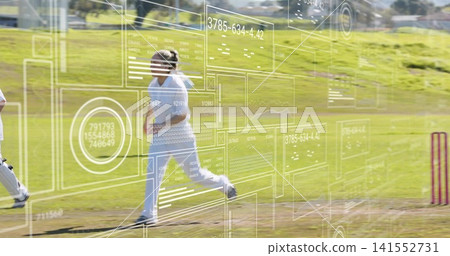 Running mature female cricketer sprinting along pitch at local park, wearing white uniform and HUD Running mature female cricketer sprinting along pitch at local park, wearing white uniform and HUD 141552731