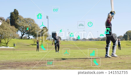 Celebrating batter wearing pads and gloves, raising cricket bat on park field, AR icons, copy space Celebrating batter wearing pads and gloves, raising cricket bat on park field, AR icons, copy space 141552735