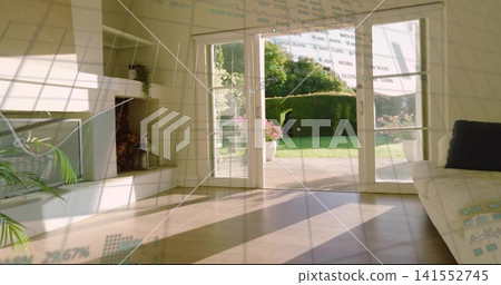 Framing open glass double doors letting bright sun into living room, with patio and grid overlay Framing open glass double doors letting bright sun into living room, with patio and grid overlay 141552745