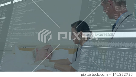 Examining nurse leaning at bedside using stethoscope on chest in scrubs and gloves with code UI Examining nurse leaning at bedside using stethoscope on chest in scrubs and gloves with code UI 141552753