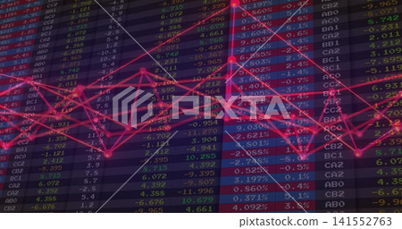 Displaying magenta line graph overlaying market dashboard on trading display, with LED tabular data Displaying magenta line graph overlaying market dashboard on trading display, with LED tabular data 141552763