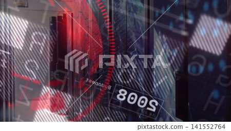 Displaying black server racks and red HUD ring glowing in data center, showing reversed 8008 Displaying black server racks and red HUD ring glowing in data center, showing reversed 8008 141552764