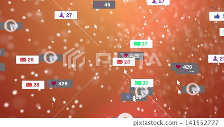Floating cluster of notification badges drifting on virtual dashboard, showing counters and cursors Floating cluster of notification badges drifting on virtual dashboard, showing counters and cursors 141552777