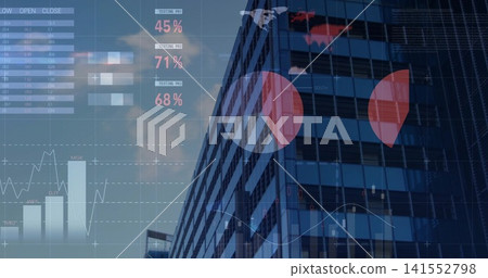 Displaying glass office tower reflecting sky in downtown, overlaying 45% 71% 68% financial charts Displaying glass office tower reflecting sky in downtown, overlaying 45% 71% 68% financial charts 141552798
