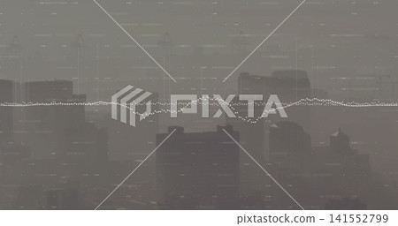 Displaying white dotted waveform overlaying hazy downtown skyline, showing towers and cranes Displaying white dotted waveform overlaying hazy downtown skyline, showing towers and cranes 141552799