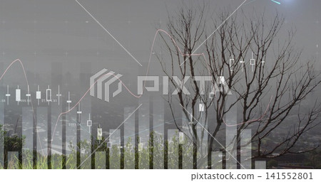 Standing leafless tree on right of grassy slope, showing bar charts and trend lines, copy space Standing leafless tree on right of grassy slope, showing bar charts and trend lines, copy space 141552801