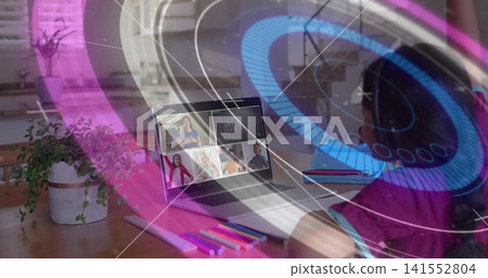 Displaying six-tile online call on laptop at home workspace, adult in magenta supervising with pens Displaying six-tile online call on laptop at home workspace, adult in magenta supervising with pens 141552804