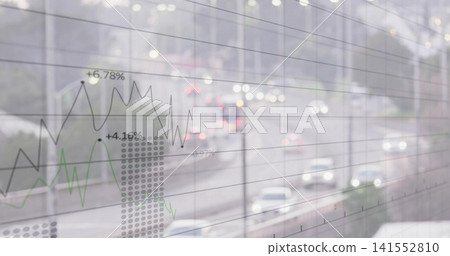 Displaying transparent line charts overlaying blurred highway at dusk, with percent labels and cars Displaying transparent line charts overlaying blurred highway at dusk, with percent labels and cars 141552810