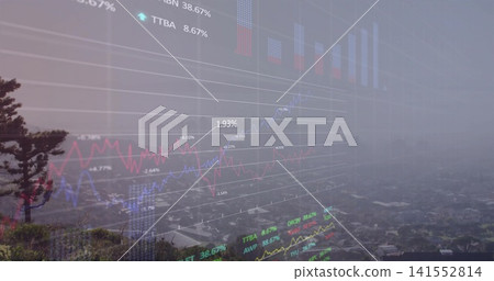 Showing market charts streaming over foggy skyline atop grassy hillside, lone tree, homes, % labels Showing market charts streaming over foggy skyline atop grassy hillside, lone tree, homes, % labels 141552814